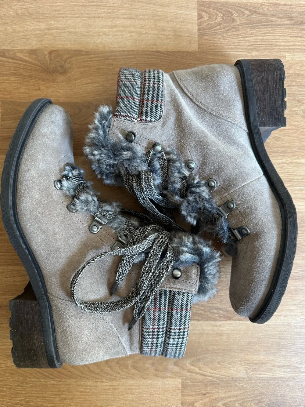 Sam Edelman Darrah Suede Lace Up Faux FurWinter Combat Boots Putty Gray wmn 7